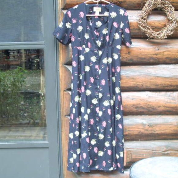 Vintage Sostanza Silky Black Floral Short Sleeve Button Down Maxi Dress SZ S - Picture 1 of 2